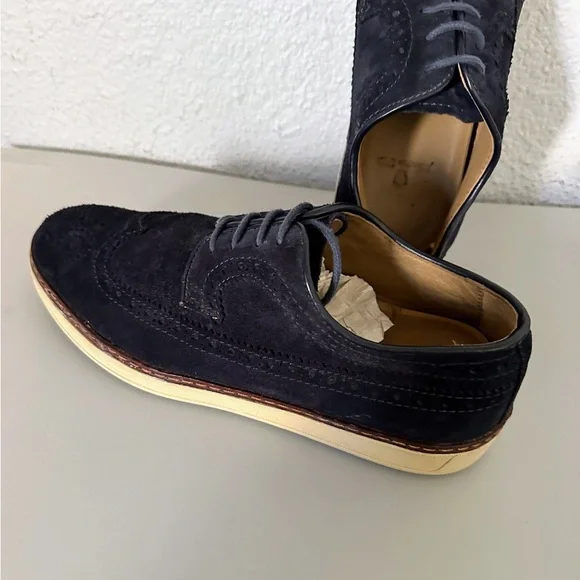 Men's MASSIMO DUTTI Suede Wingtip Oxford Shoes Lace-Up Perforated Loafer‎ Navy